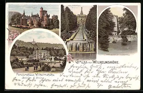 Lithographie Kassel-Wilhelmshöhe, Die Cascaden, Der Aquaduct-Wasserfall, Pensionshaus Wilhelmshöhe