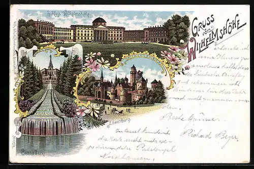 Lithographie Kassel, Schloss Wilhelmshöhe, Löwenburg, Cascaden