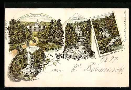 Lithographie Kassel-Wilhelmshöhe, Schloss, Teufelsbrücke, Neuer Wasserfall