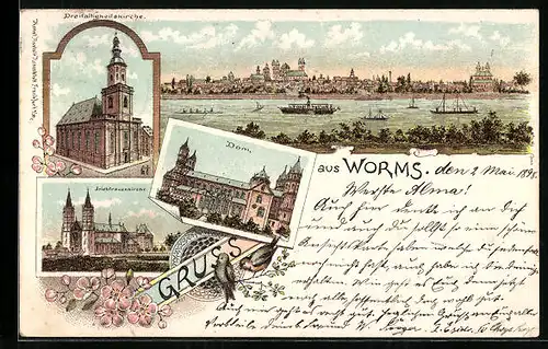 Lithographie Worms, Dreifaltigkeitskirche, Dom, Gesamtansicht