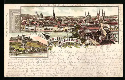 Lithographie Würzburg, Blick auf die Festung, Ortsansicht aus der Vogelschau