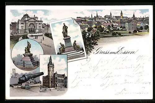 Lithographie Essen /Ruhr, Gesamtansicht, Krupp-Denkmal, Stadttheater, Rathhaus