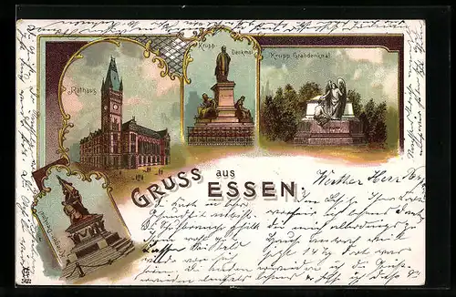 Lithographie Essen /Ruhr, Krupp-Denkmal, Krupp Grabdenkmal, Rathaus