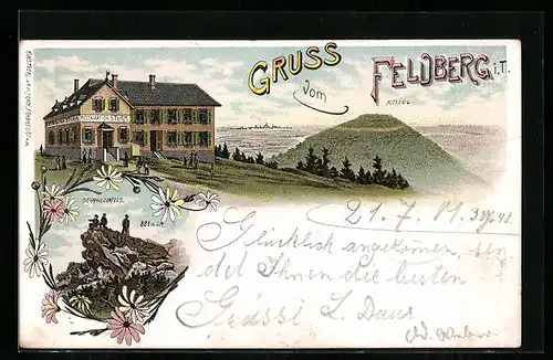 Lithographie Feldberg i. T., Blick auf Gasthaus und Restauration Sturm, Brunhildenfels