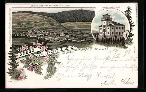 Lithographie Oberwiesenthal im Sächs. Erzgebirge, Unterkunftshaus, Teilansicht mit dem Fichtelberg