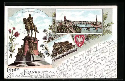 Lithographie Frankfurt a. M., Kaiser-Wilhelm-Denkmal, Panorama, Opernhaus, Wappen