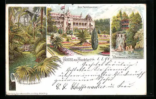 Lithographie Frankfurt-Westend, Der Palmengarten, Schweizerhaus mit Cascade