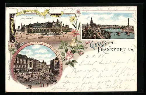 Lithographie Frankfurt a. M., Hauptbahnhof, Teilansicht, Partie auf der Zeil