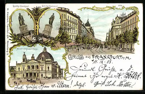 Lithographie Frankfurt a. M., Goethe-Denkmal, Schiller-Denkmal, Neues Schauspielhaus