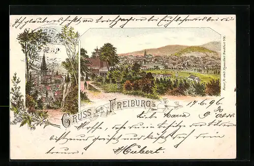 Lithographie Freiburg i. B., Gesamtansicht, Münster