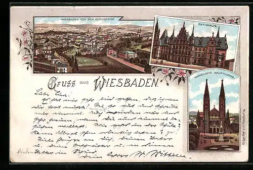 Lithographie Wiesbaden, Rathhaus, Katholische Hauptkirche