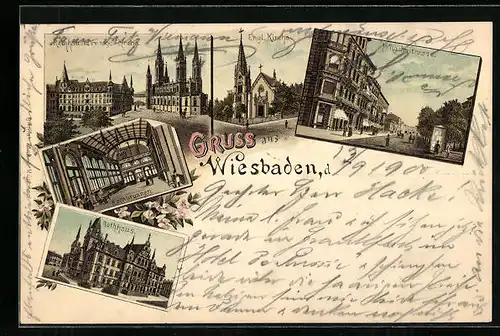 Lithographie Wiesbaden, Wilhelmstrasse, Rathhaus mit evangl. Kirche, Kochbrunnen