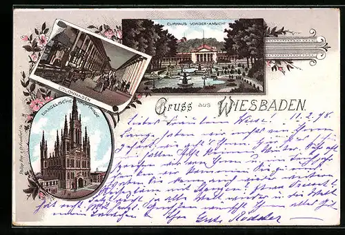 Lithographie Wiesbaden, Curhaus, Colonnaden, Evangl. Hauptkirch