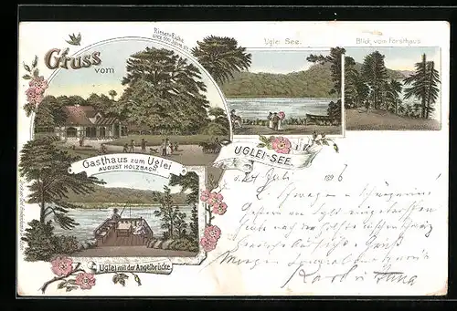 Lithographie Eutin, Gasthaus zum Uglei und Riesen-Eiche, Angelbrücke, Uglei-See