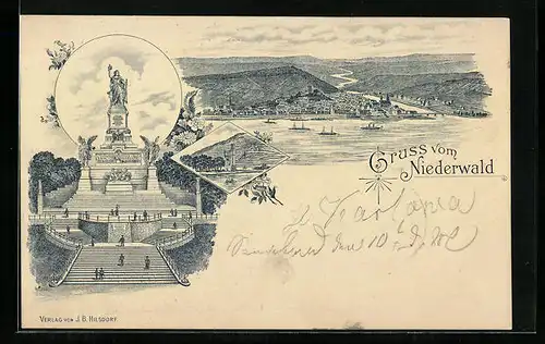 Vorläufer-Lithographie Niederwald, 1895, Nationaldenkmal, Rheinpartie mit Schiffen