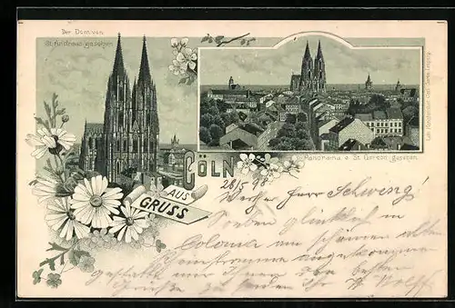 Lithographie Köln, Panorama mit Dom von St. Andreas & St. Gereon aus gesehen