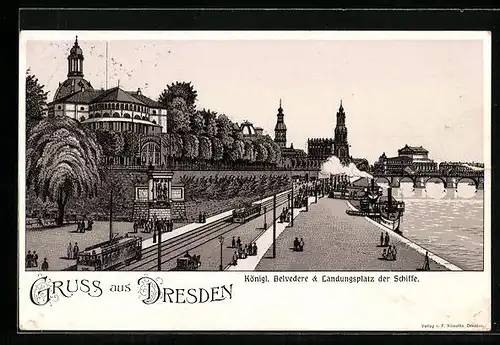 Lithographie Dresden, Königl. Belvedere & Landungsplatz der Schiffe