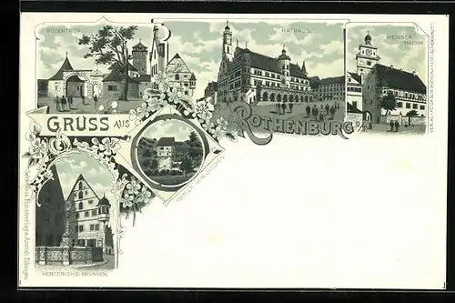 Lithographie Rothenburg o. T., Rathaus, Weisser Thurm, Roderthor, Herterichs-Brunnen