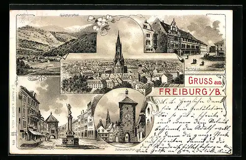Lithographie Freiburg i /B., Rathaus, Schwabentor, Güntersthal