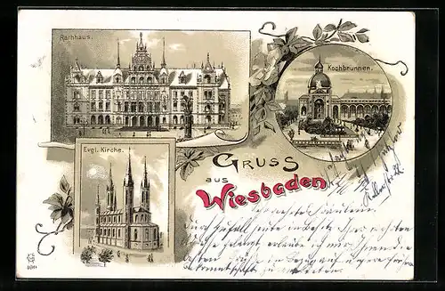 Lithographie Wiesbaden, Rathaus, Kochbrunnen, Evgl. Kirche