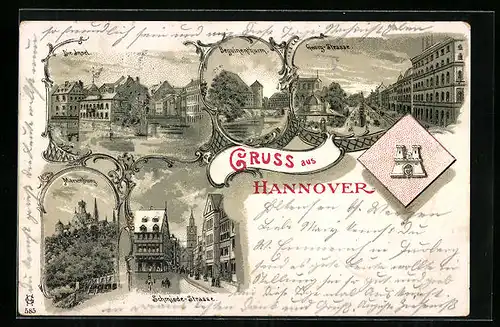 Lithographie Hannover, Georg-Strasse, Beguinenthurm, Die Insel, Marienburg, Schmiede-Strasse, Wappen