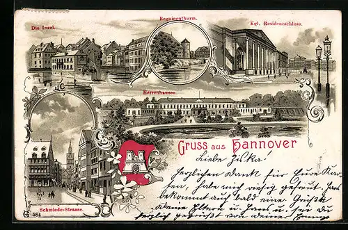 Lithographie Hannover, Beguinenthurm, Die Insel, Kgl. Residenzschloss, Wappen