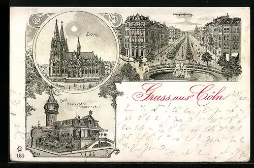 Lithographie Köln-Neustadt, Restaurant Ulrepforte, Dom, Hohenstaufenring