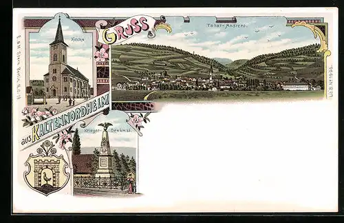 Lithographie Kaltennordheim, Totalansicht, Krieger, Krieger-Denkmal