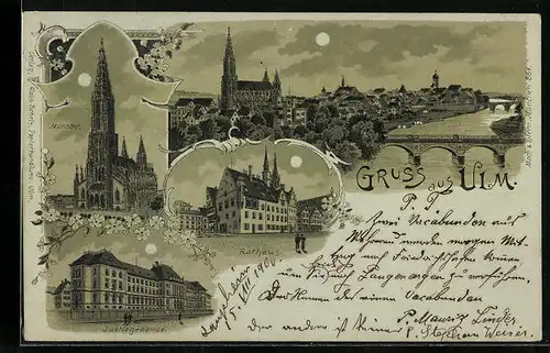 Mondschein-Lithographie Ulm a. D., Münster, Gesamtansicht, Justizgebäude, Rathaus