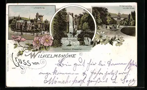 Lithographie Kassel-Wilhelmshöhe, Ortsansicht von der Allee, Löwenburg, Aquaduct Wasserfall