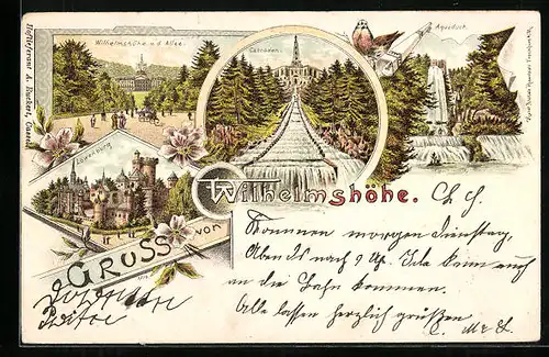 Lithographie Kassel-Wilhelmshöhe, Cascaden, Aquaduct, Löwenburg, Wilhelmshöhe v. d. Allee gesehen