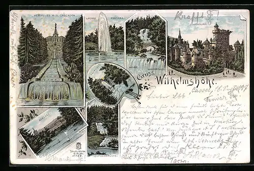 Lithographie Kassel-Wilhelmshöhe, Teufelsbrücke, Löwenburg, Schloss