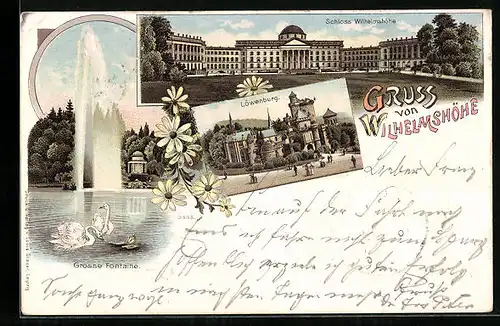 Lithographie Kassel-Wilhelmshöhe, Frontansicht Schloss, Grosse Fontaine