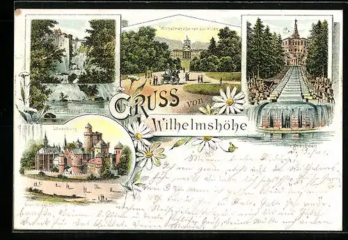 Lithographie Kassel-Wilhelmshöhe, Löwenburg, Die Cascaden