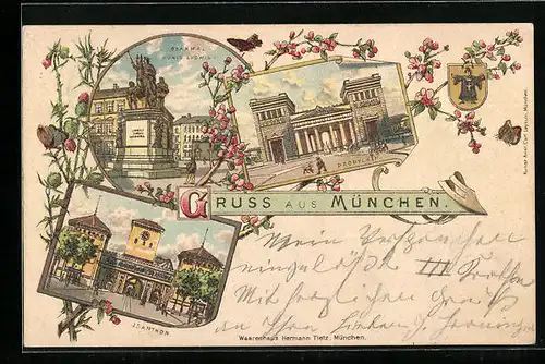 Lithographie München, Propyläen, Denkmal König Ludwig I., Isarthor