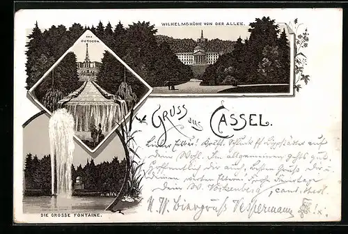 Lithographie Kassel, Wilhelmshöhe v. d. Allee, Das Octogon, Die grosse Fontäne