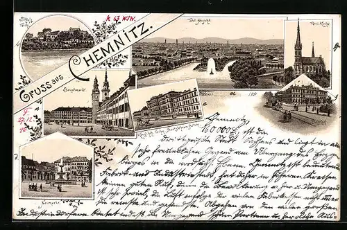 Lithographie Chemnitz, Totalansicht, Petri-Kirche, Hauptmarkt