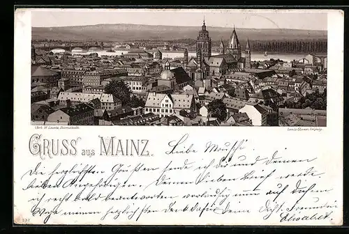Lithographie Mainz, Totalansicht der Stadt