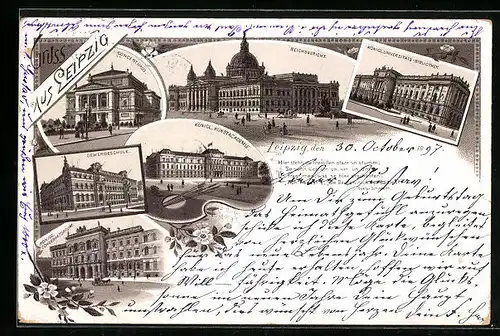 Lithographie Leipzig, Reichsgericht, Königl. Universitäts-Bibliothek, Gewerbeschule