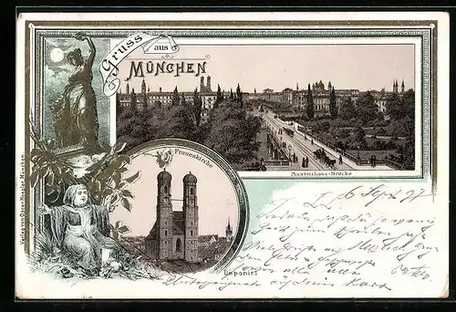 Lithographie München, Maximilians-Brücke, Frauenkirche, Bavaria mit Löwe, Münchner Kindl