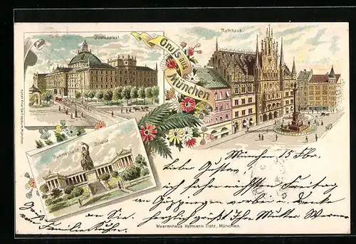 Lithographie München, Justizpalast, Ruhmeshalle und Bavaria