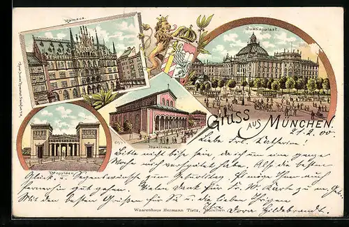 Lithographie München, Justizpalast, Basilika, Rathaus, Propyläen