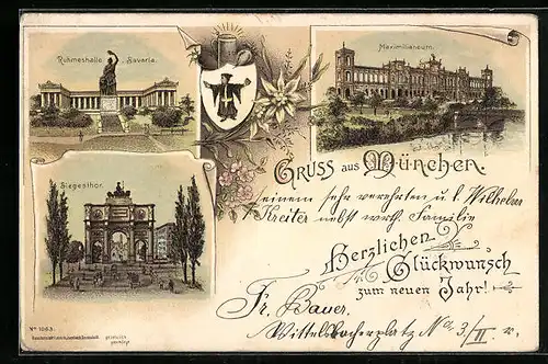 Lithographie München, Ruhmeshalle mit Bavaria, Maximilianeum, Siegesthor, Münchner Kindl