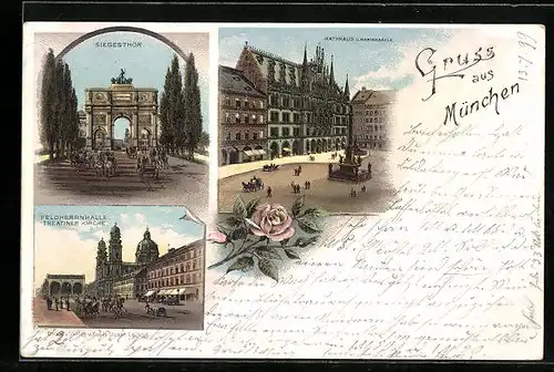 Lithographie München, Siegesthor, Feldherrenhalle, Theatiner Kirche, Rathaus und Mariensäule
