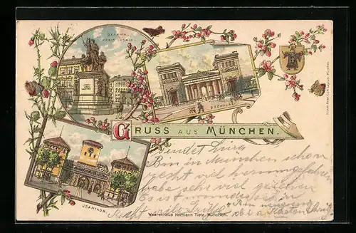 Lithographie München, Propyläen, Denkmal König Ludwig I., Isarthor, Wappen