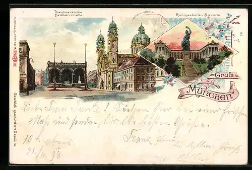 Lithographie München, Theatinerkirche und Feldherrnhalle, Ruhmeshalle und Bavaria