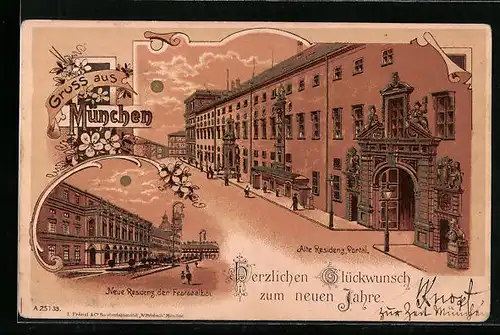 Mondschein-Lithographie München, Portal der Alten Residenz, Neue Residenz, der Festsaalbau