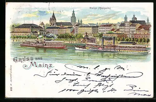 Lithographie Mainz, Totalansicht von der Rheinseite mit Salondampfern