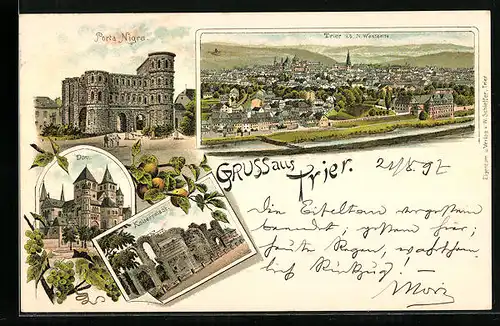 Lithographie Trier, Porta Nigra, Gesamtansicht, Dom, Kaiserpalast
