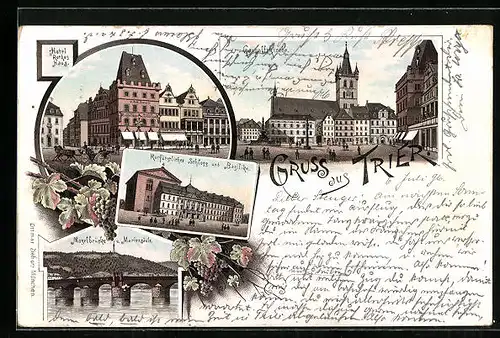 Lithographie Trier, Hotel Rothes Haus, Kurfürstkiches Schloss und Basilika, Moselbrücke